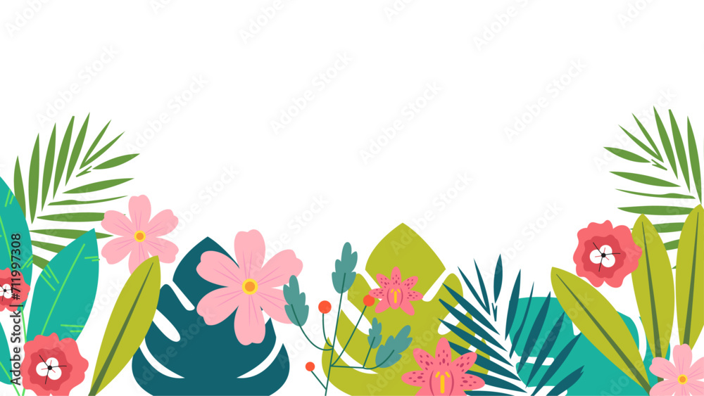 Poster colorful colourful vector floral hello spring concept background. vector summer background with vege