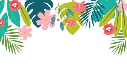 Colorful colourful vector flat floral spring background with leaves and flower. Vector summer background with vegetation, flower, and leaf for poster, banner