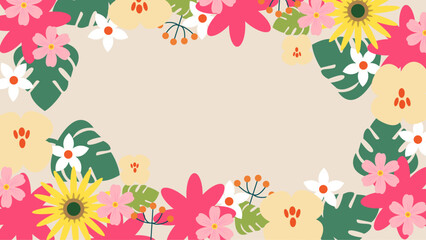 Colorful colourful vector beautiful spring background with hand drawn flowers and leaves. Vector summer background with vegetation, flower, and leaf for poster, banner