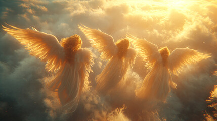 Angels fly in a heaven made of clouds. - obrazy, fototapety, plakaty