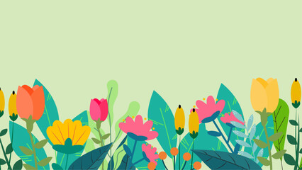 Colorful colourful vector illustration spring background with flowers and leaves. Vector summer background with vegetation, flower, and leaf for poster, banner
