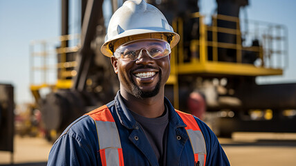 Smiling oil worker in front of rig. - obrazy, fototapety, plakaty