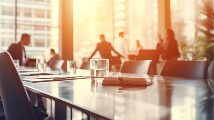 Soft of blurred people meeting at table. - Abstract blurred office interior space background.