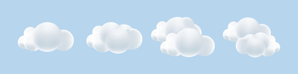 White 3d clouds set and collection isolated on a blue background. Soft round fluffy cartoon clouds mock up. 3d geometric shapes vector illustration