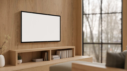 A modern white TV monitor mockup on a wooden wall in a modern, expensively furnished living room.
