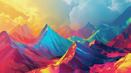 Abstract digital landscapes with vibrant colors and geometric shapes.