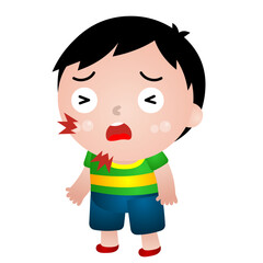 Illustration of a boy in various poses: sick, sick, stomach ache, runny nose