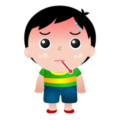 Illustration of a boy in various poses: sick, sick, stomach ache, runny nose