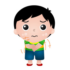 Illustration of a boy in various poses: sick, sick, stomach ache, runny nose