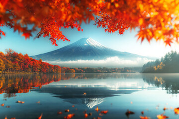 Colorful Autumn Season and Mountain Fuji, morning fog and red leaves at lake Kawaguchiko.