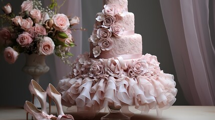 An elegant ballet-themed cake with layers resembling ballet tutus and adorned with edible ballet slippers, roses, and delicate sugar lace