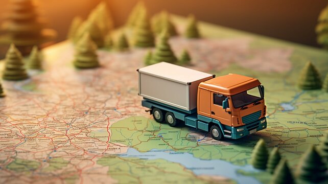 Fototapeta transport truck on the map. - transportation concept.