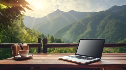 Fotobehang Workspace with laptop and coffee on wooden table with beautiful nature background. - digital nomad concept. © sema_srinouljan