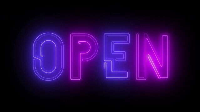 Glowing neon line of OPEN sign banner isolated on transparent background for promo video. Concept of great discount and clearance. 4K video motion graphic animation. Seamless Loop.