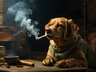 dog in a bar with cigar, ai generative - obrazy, fototapety, plakaty