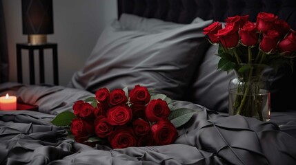 Red roses on bed in the bedroom, in the style of luxurious, dark gray and red