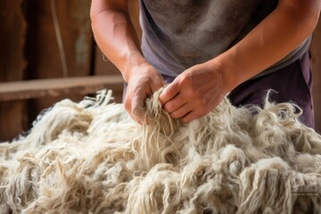 Old man gathers sheared sheep wool from ground on farm yard woven material producing - obrazy, fototapety, plakaty
