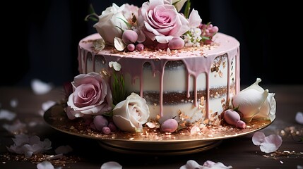 An elegant rose gold cake with layers of delicate champagne sponge and champagne-infused buttercream, adorned with edible rose petals