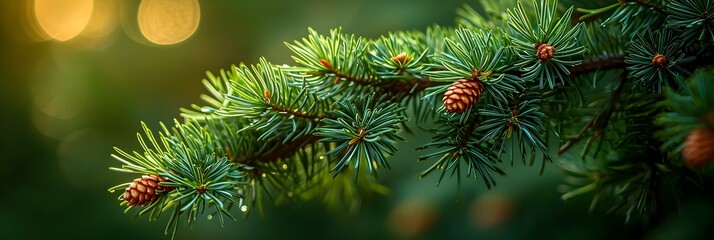 Naklejka na ściany i meble Details of pine needles, showcasing their arrangement and the texture of the tree branch, background image, generative AI