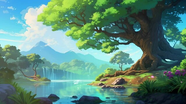 Animated illustration of a river view in the middle of a forest with a natural waterfall. Illustrations of waterfalls and lush trees are suitable for a peaceful natural atmosphere. background animatio
