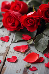 Red rose on wooden background. Valentine's Day concept.