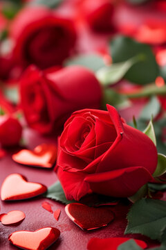 Red roses and hearts on a red background. Valentine's Day.
