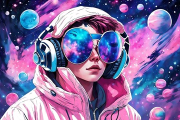 An animative girl with headphones and wearing sunglasses 