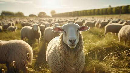 Fototapeta premium A sheep with a mischievous glimmer in its eye, seemingly up to no good.