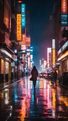 Illuminated City Skyline with Wet Streets in Blurred Motion