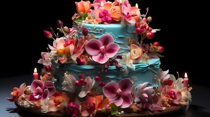 An exotic tropical-themed cake adorned with edible flowers and fifty-five flickering candles, evoking a sense of paradise