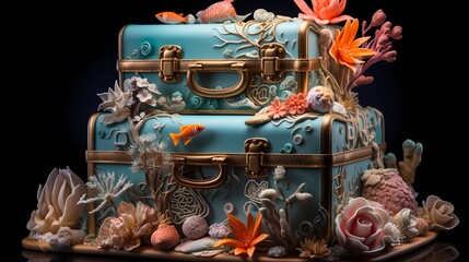 An underwater adventure-themed cake with layers resembling ocean waves and adorned with edible sea creatures, coral, and a fondant treasure chest