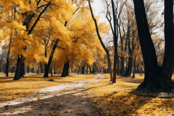 Naklejka premium Immerse yourself in the picturesque beauty of autumn where a bright yellow leafy carpet covers the ground in a park and trees are bathed in sunlight. AI generative.