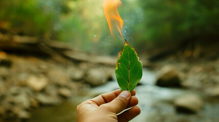 Hand hold burning leaf and green with blur of dry