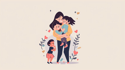 Minimal style of cute cartoon mother hugging her child