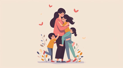 Minimal style of cute cartoon mother hugging her child