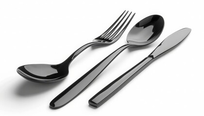 Stainless Steel Cutlery's Refined Elegance: Jet Black Gleaming Masterpieces with Polished Finish, Isolated on White