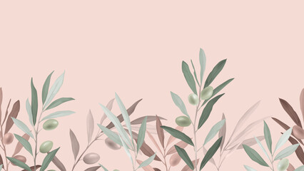 Foliage horizontal seamless pattern, olive branches and fruits on bright red