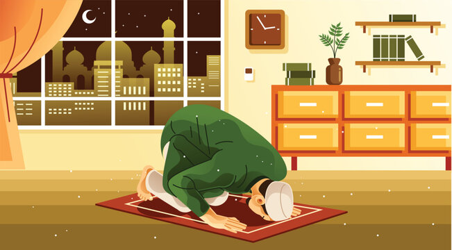 Muslim Praying Tahajjud at Night Illustration
