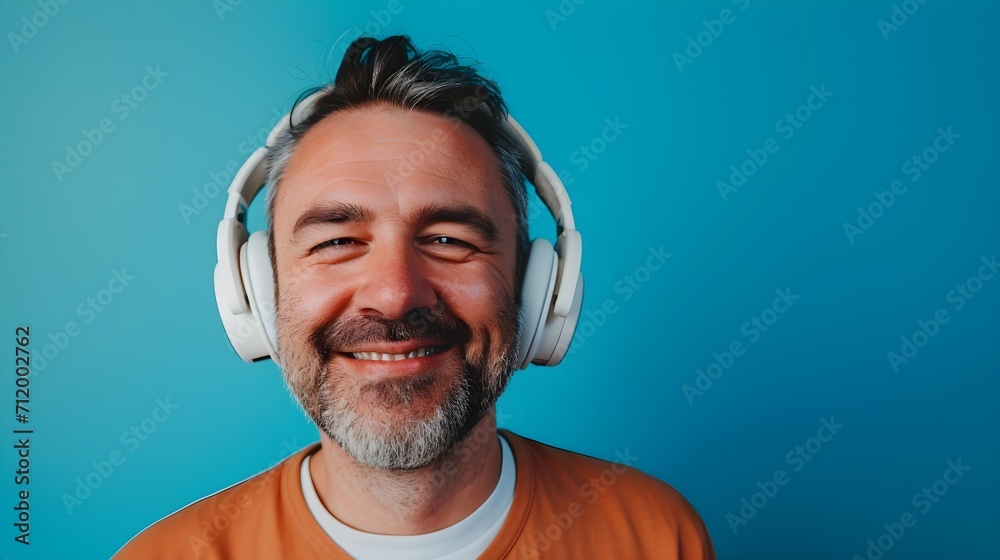 Sticker Portrait of a white middle-aged male smiling while wearing wireless headphones against pastel blue background, generative AI