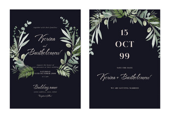 Dark grey elegant foliage wedding invitation - 712002724