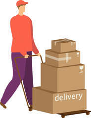 Delivery man pushing a trolley stacked with boxes. Male courier delivering packages with care. Logistics and shipping service vector illustration.