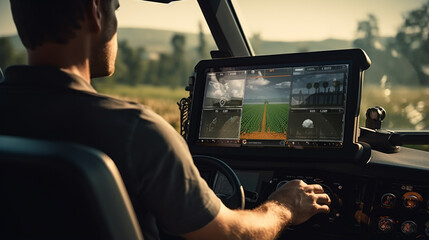 farmer male driving tractor uses smart display touch screen - obrazy, fototapety, plakaty
