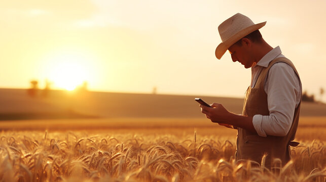 farmer checking wheat field progress holding phone in sunset