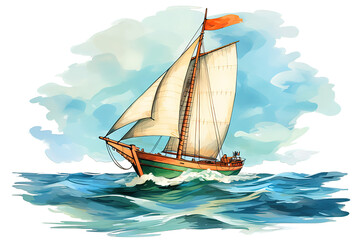 Fototapeta premium boat sailing on a calm ocean with a blue sky and white clouds isolated on a Transparent background. Generative AI