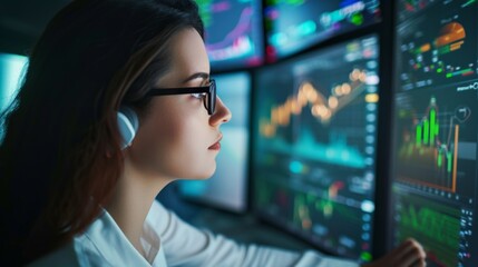 A smiling young businesswoman with glasses is sitting behind a desk looking at a monitor with a stock market graph monitoring market prices. widgets displaying the weather and the news daily schedule.