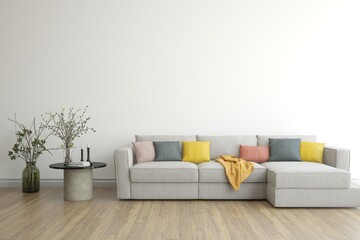 Modern minimalist interior with sofa on empty white color wall background. Interior mockup. Scandinavian interior design. 3D illustration
