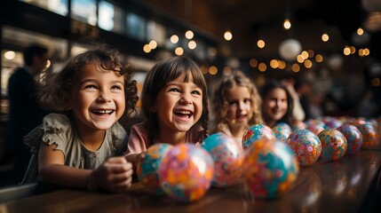 A candid shot of a group of children engaged in a fun game at a birthday party. They are smiling, playing, and having a wonderful time. The background is filled with colorful decorations and balloons - obrazy, fototapety, plakaty