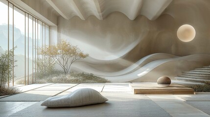 Zen-Inspired Modern Interior with Nature View and Sculptural Elements