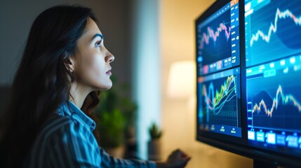 A smiling young businesswoman with glasses is sitting behind a desk looking at a monitor with a stock market graph monitoring market prices. widgets displaying the weather and the news daily schedule.