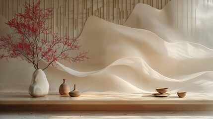 Serene Abstract Interior with Red Blossom Branch and Ceramic Vases